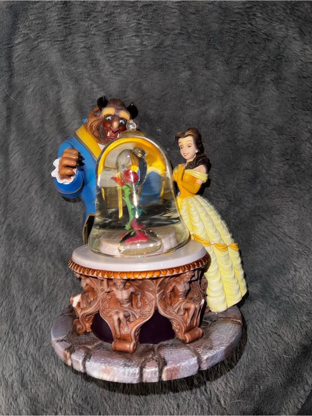 Disney Belle & Beast Figurine with Yellow and Blue Attire and Red Rose Dome